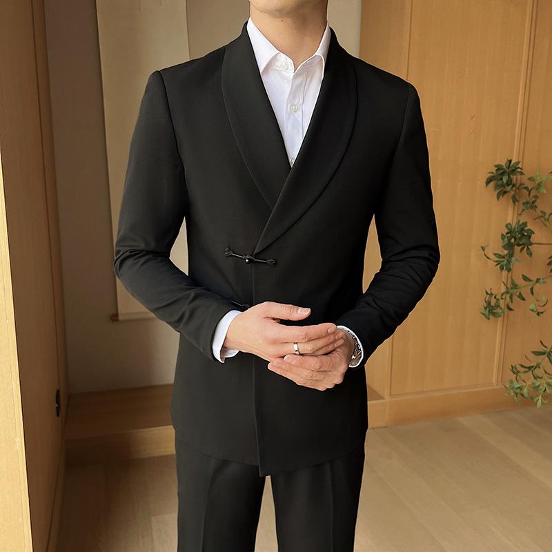 セットアップ 男性用 春夏 民族風 チャイナ服 盤扣デザイン ショールカラー 礼服 フォーマル ビジネスカジュアル 大人カジュアル 2点セット 綿混 アセテート繊維 ブラック ネイビー ベージュ