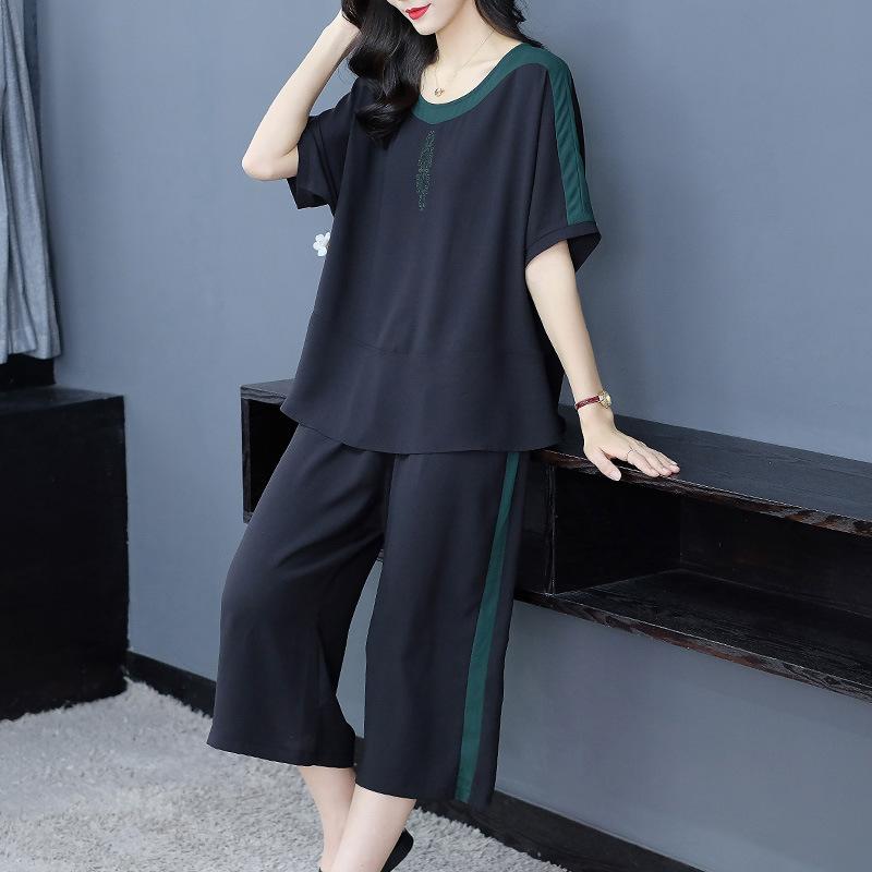 セットアップ ミセス レディース 春夏 カジュアル スポーツ ルーズフィット 大きいサイズ シフォン 半袖 Tシャツ トップス ストレート 七分丈 クロップドパンツ 普段使い 部屋着