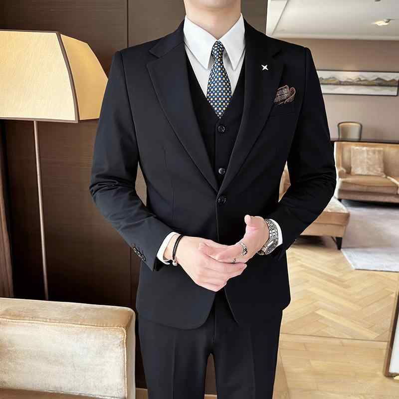スーツ メンズ 男性用 秋冬 スリーピース セットアップ ノッチドラペル シングルブレスト一つボタン カジュアル ビジネス 通勤 結婚式 挙式 新郎 スリムフィット 厚手 綿混 アセテート繊維｜あじゅり