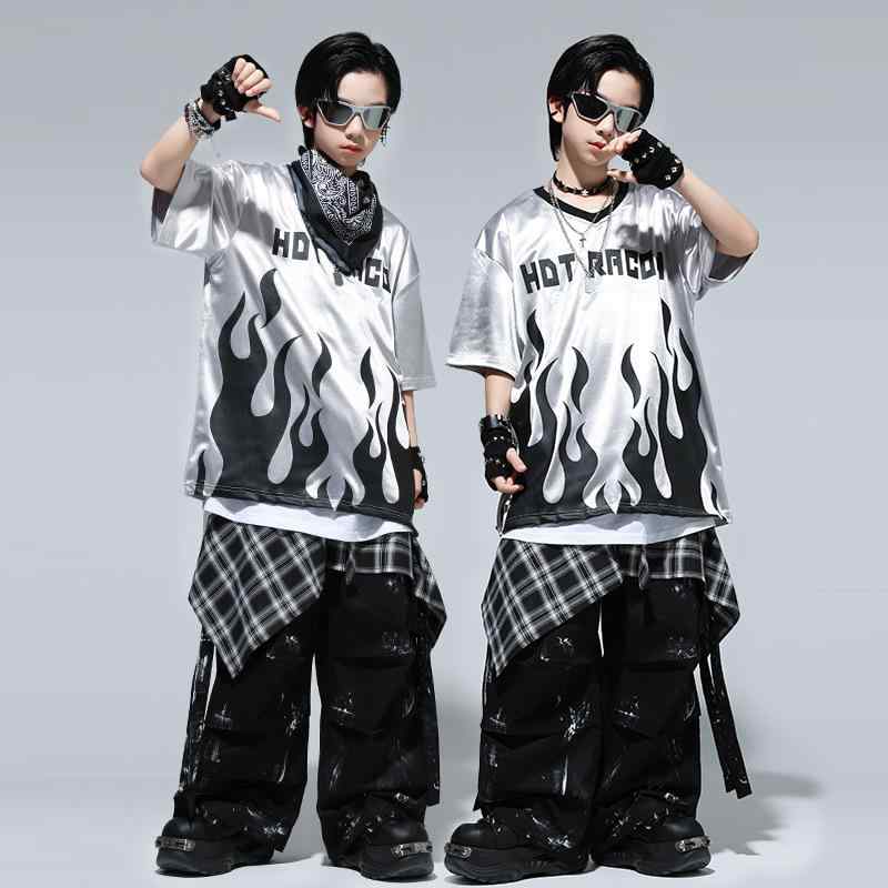 ダンスウェア 男の子 キッズ ヒップホップ ストリートダンス 発表会 衣装 半袖 Tシャツ 黒ロングパンツ プリント柄 ポリエステル