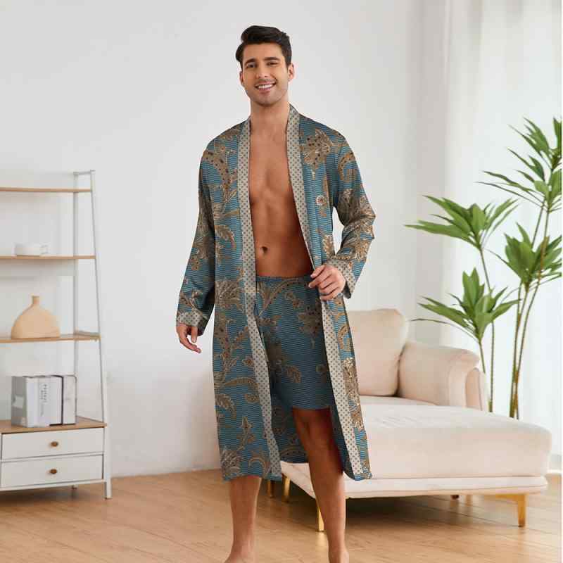 ルームウェア 男性用 プリント柄 長袖 ショートパンツ Vネック 薄手 軽量 サテン生地 シルク調 ガウン バスローブ 普段使い リラックスタイム 部屋着 パジャマ 春夏秋