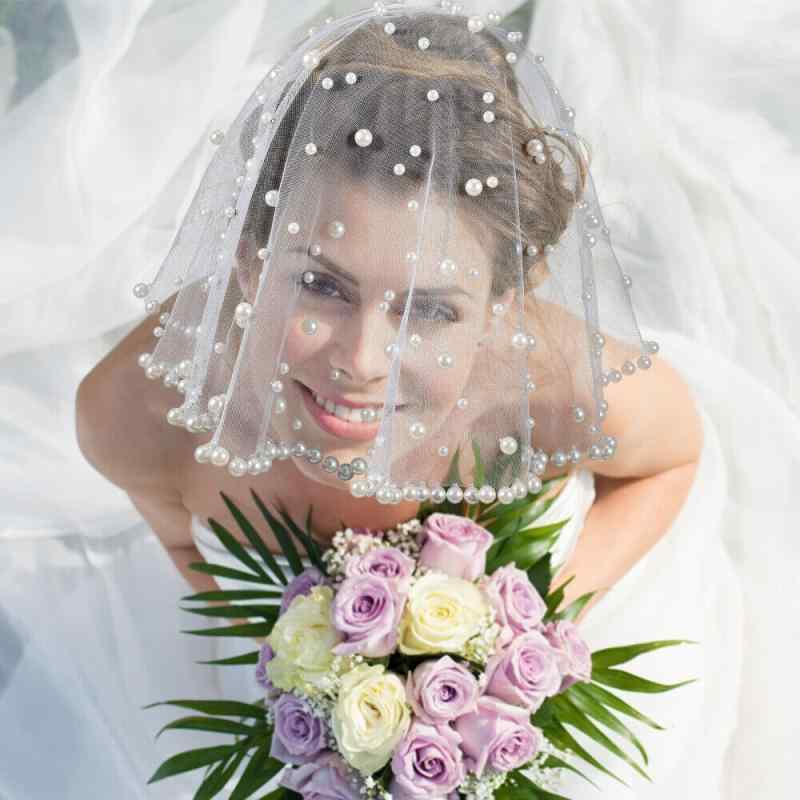 ウェディングベール パール パール ショート丈 フェイスベール 花嫁 ウェディング ブライダル 結婚式 挙式 前撮り フォトウェディング シングルレイヤー レース フリル ホワイト アイボリー 純白 アクリル ナチュラル