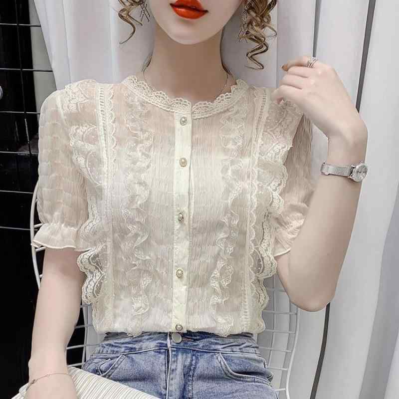 ブラウス レディース パフスリーブ フリル レース シフォン 半袖 ショート丈 ラウンドネック ホワイト アイボリー 春夏 きれいめ 通勤 オフィス 上品 ポリエステル