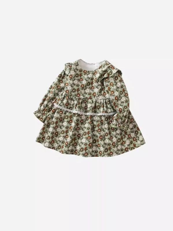 ワンピース 女児 子供 秋 おしゃれ かわいい プリンセス風 ラッパ袖 小花柄 ラウンドネック フリル Aライン 綿100% オリーブグリーン 普段着 お出かけ ドレス