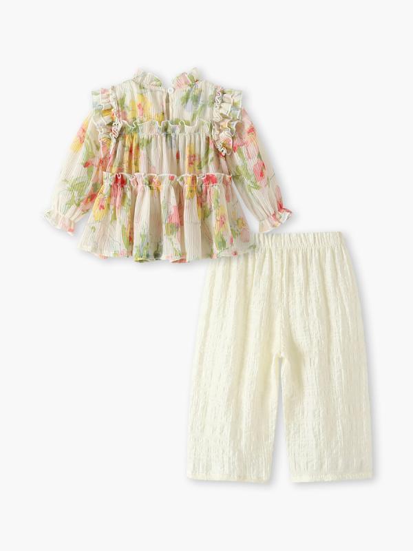 子供服 女の子 キッズ ベビー服 シフォン 花柄 長袖 パンツ ツーピース 韓国風 普段使い お出かけ 春秋 柔らかい ポリエステル