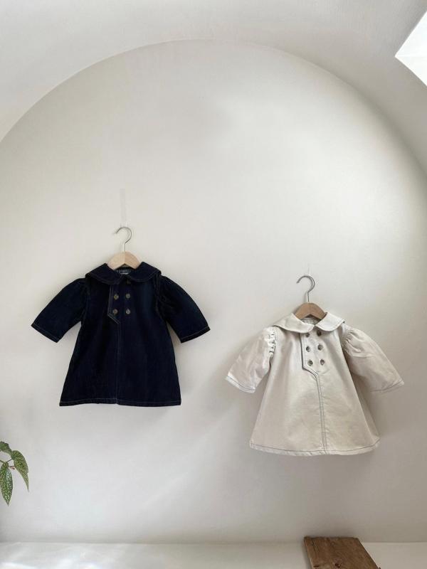 ワンピース 女の子 キッズ ベビー 女児 春夏秋 ダブルボタン 小さな襟 スクール風 カジュアル 長袖 ロング丈 プリンセスライン レトロ 韓国風 綿 コットン お出かけ 通学 普段使い ベージュ ネイビー
