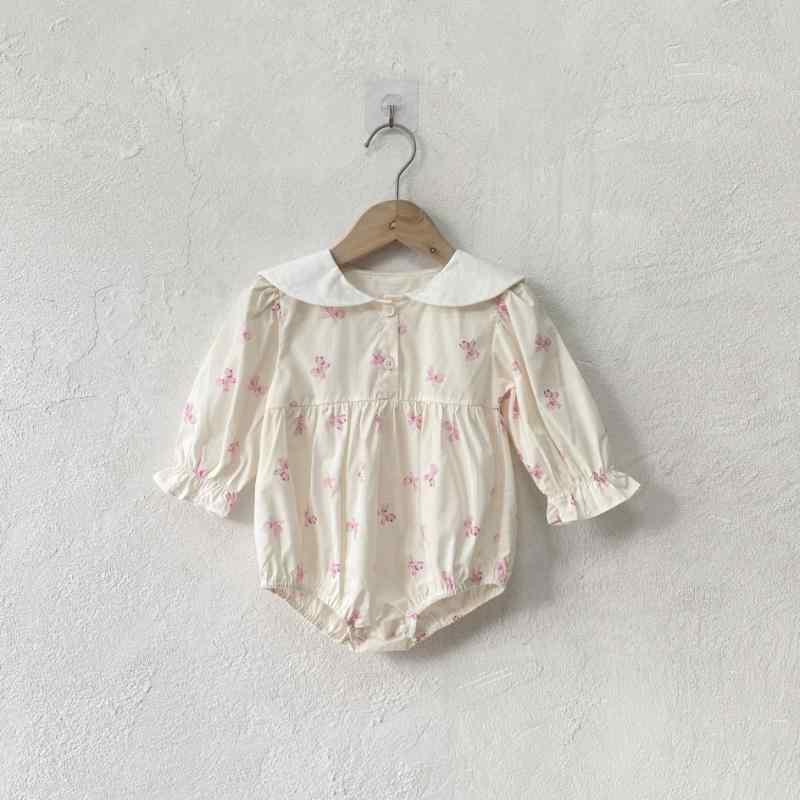 ロンパース 女の子 ベビー服 春秋 純綿 綿100% 長袖 丸首 ラウンドネック ピンク 蝶々柄 リボン柄 ノンシーム カバーオール 韓国風