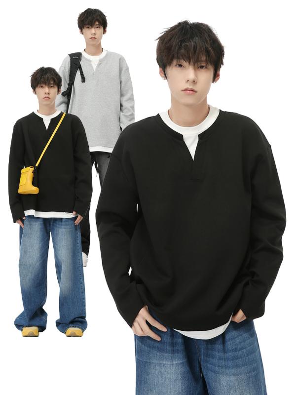 Tシャツ 男性用 秋冬 韓国風 配色切り替え フェイクレイヤード ダブルネック ゆったり ルーズシルエット カジュアル 長袖 プルオーバー クルーネック 綿混 普段使い