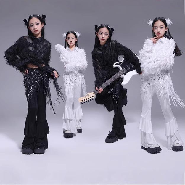 シャツ キッズ 女の子 ガールズ 羽根付き 長袖 トップス ストリートダンス ヒップホップ ジャズダンス ダンスウェア 舞台 ステージ 発表会 衣装 イベント 再生繊維 春秋 ブラック ホワイト