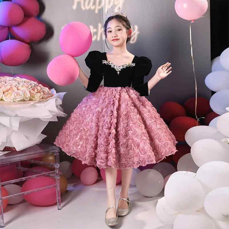 ドレス キッズ 女児 プリンセスドレス 姫ドレス フォーマル ロングワンピース 結婚式 誕生日 パーティー 発表会 演奏会 コンクール フラワーガール ステージ衣装 ふんわり 華やか 上品 ピンク ポリエステル