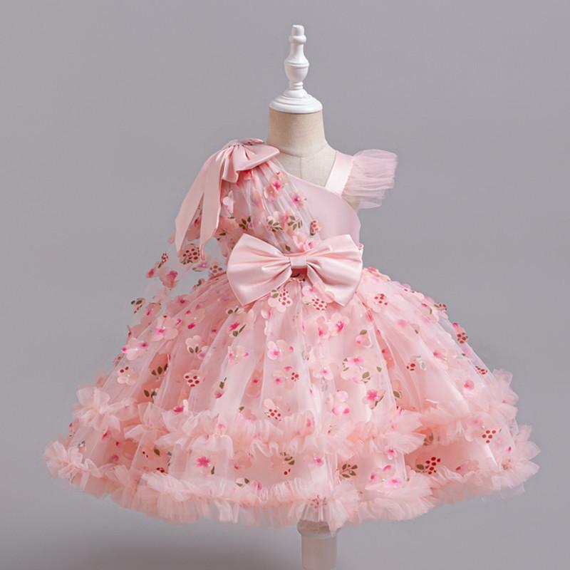 ドレス 女の子 ガールズ キッズ プリンセス フォーマル ロング丈 リボン 個性的デザイン サテン ポリエステル 発表会 演奏会 結婚式 パーティー セレモニー 誕生日 ピンク系