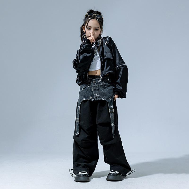 キッズ ダンス衣装 ガールズ ジャズダンス ヒップホップ ストリート 発表会 舞台 ステージ パフォーマンス デニム ウエストバンド クール かっこいい 秋冬