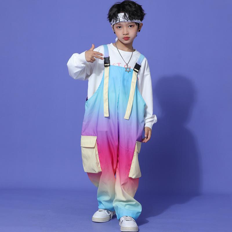 キッズダンス衣装 男の子 春秋 ドーパミンカラー レインボー オーバーオール サロペット ヒップホップ ストリート ジャズ 発表会 ステージ 衣装 綿混 伸縮性 クール