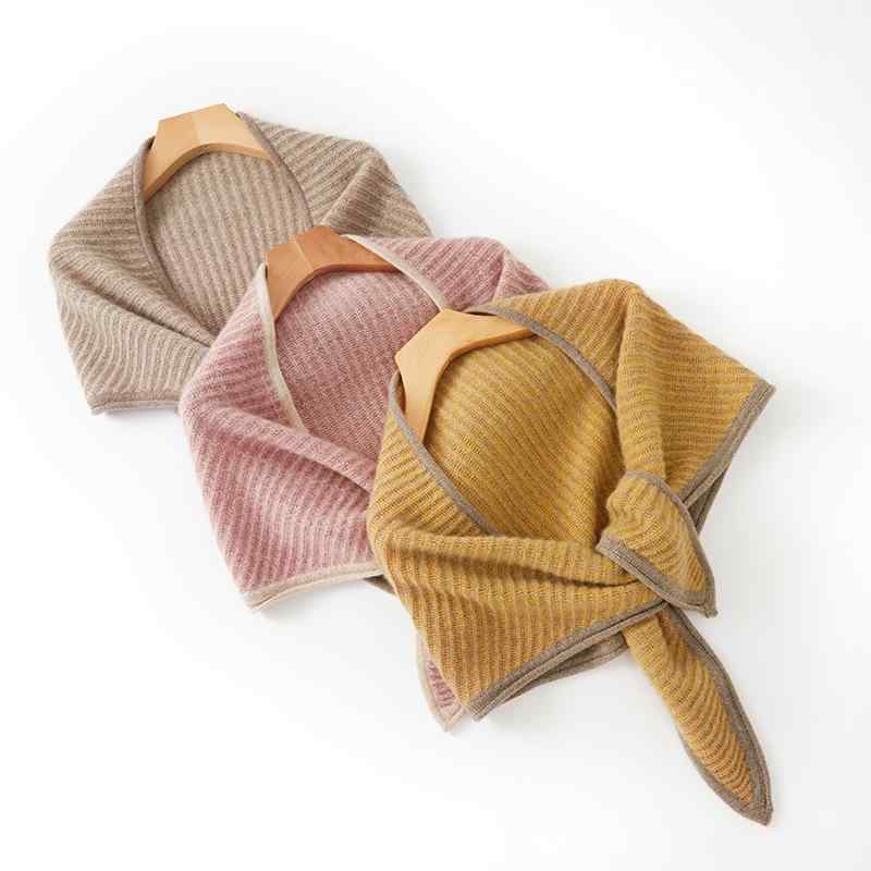 ミニマフラー レディース 女性用 カシミヤ100% 厚手 ニット 切り替え ネックウォーマー スヌード ミニショール 肩掛け 秋冬 防寒 保温 通勤 オフィスカジュアル 普段使い 三角巾 ベージュ系 ピンク系 パープル系｜あじゅり