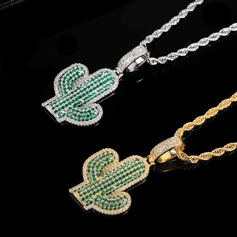 ネックレス メンズ 男性用 ヒップホップ ストリートファッション アクセサリ 無垢 銅製 ゴールド シルバー サボテン モチーフ ペンダントトップ ジルコニア埋め込み 個性的 存在感