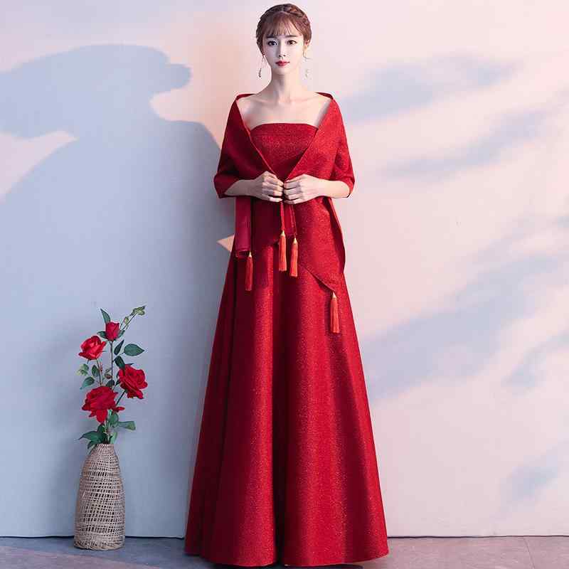 礼服 レディース 女性用 結婚式 披露宴 二次会 花嫁 ウェディング パーティードレス 発表会 演奏会 ストラップレス ベアトップ チューブトップ ショール付き ロング丈 Aライン 魅力的 着痩せ効果 スタイルアップ ワインレッド ボルドー 春夏