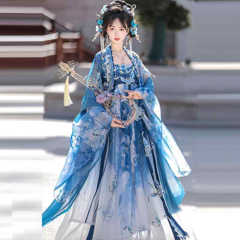漢服 レディース 唐風 磁器柄美人 豪華刺繍 ハイウエスト プリーツスカート エレガント 軽やか ポリエステル レーヨン混 普段使い イベント コスプレ 春夏