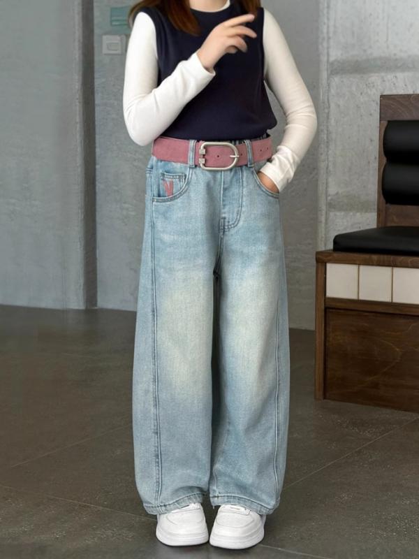 デニムパンツ 女の子 キッズ ジュニア 春秋 ハイウエスト ゆったり ストレートワイドパンツ 着痩せ カジュアル ボトムス 普段着 ジーンズ 綿 コットン 柔らかい肌触り ゴムウエスト ブルー かわいい 通学 スクール
