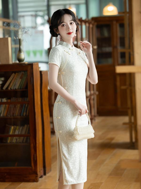 ワンピース レディース 少女 中国風 レトロ チャイナドレス レース ロング丈 スタンドカラー 五分袖 スリム 細見え 高級感 フェミニン 伸縮性 ポリエステル コットン 普段使い 夏 グリーン アプリコット