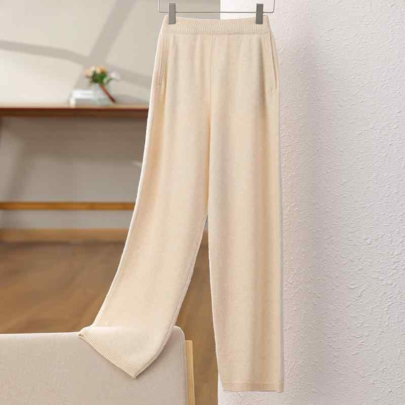 パンツ レディース 100%羊毛 九分丈 ニット ストレートパンツ ハイウエスト きれいめカジュアル やや厚手 伸縮性 シワになりにくい 無地 秋冬|あじゅり