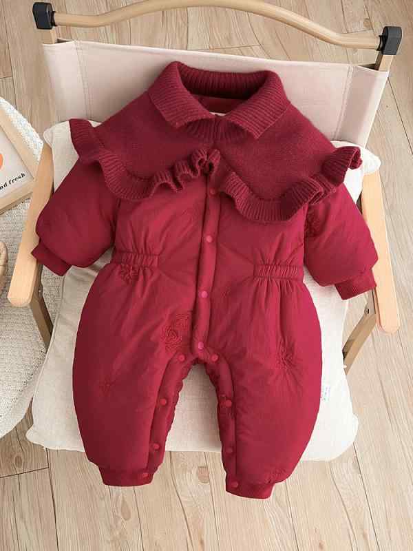 ロンパース ベビー 女の子 秋冬 裏起毛 厚手 中綿入り 外出着 前開き ポリエステル ワインレッド 新年 お正月 百日祝い 記念撮影