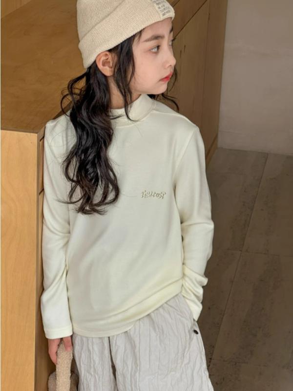 Tシャツ 女の子 キッズ ジュニア ハイネック 長袖 ロンT カットソー プルオーバー インナー 発熱保温 あったか 吸湿速乾 無地 綿 秋冬 おしゃれ トレンド 韓国風 カジュアル デイリー 普段使い アイボリー