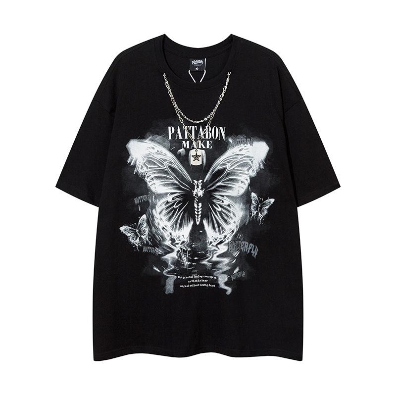 Tシャツ メンズ アメリカンストリート系ファッション ヒップホップ バタフライ 蝶 グラフィックプリント 半袖 オーバーサイズ ゆったり クルーネック トップス チェーンデザイン コットン 通気性 夏 ブラック ホワイト