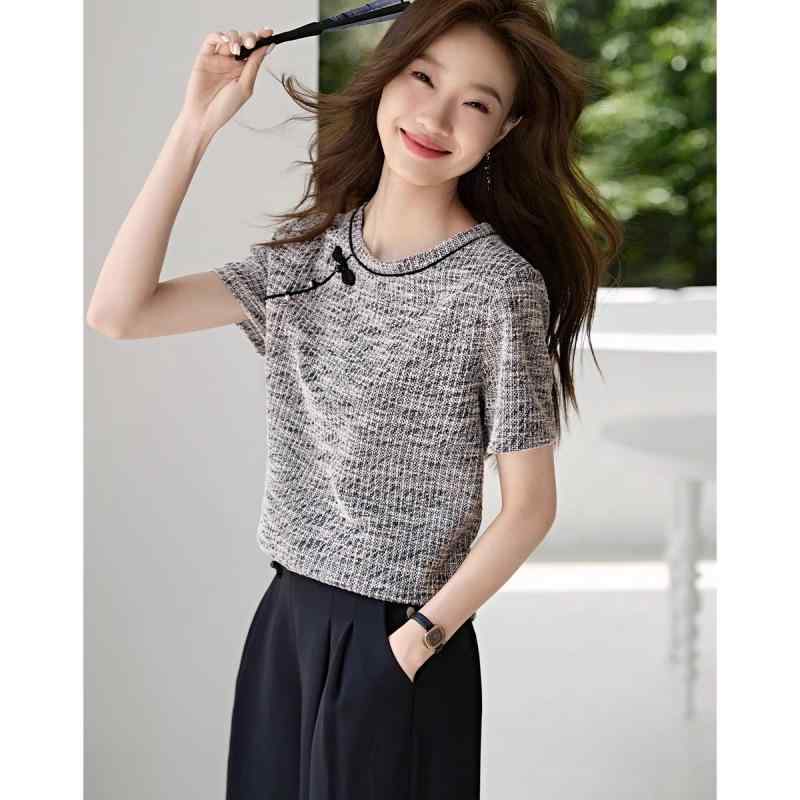 Tシャツ レディース 春夏 新チャイナ風 デザイン テクスチャー クルーネック ショートスリーブ ポリエステル トップス 通勤 オフィス きれいめ エレガント モノトーン 着回し