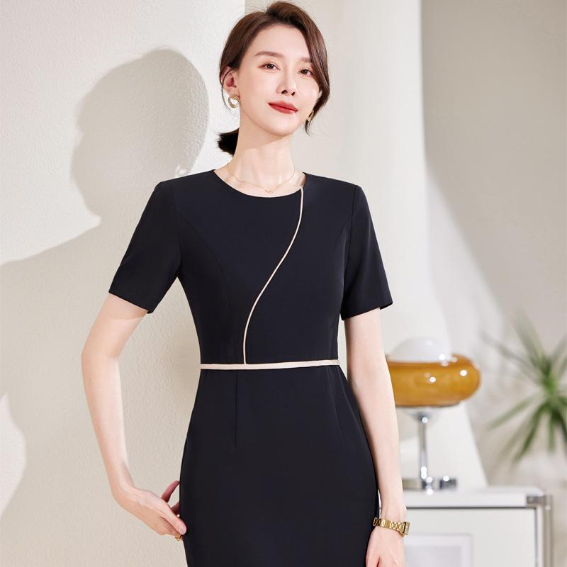 ワンピース レディース 春夏 半袖 オフィス ビジネス 通勤 接客 制服 ユニフォーム エレガント 上品 高級感 きれいめ ミディ丈 Iライン タイトスカート ラウンドネック ミドルウエスト ポリエステル ストレッチ イージーケア ブラック
