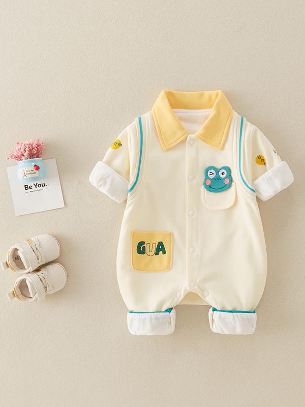 ロンパース ベビー 新生児 コットン 綿100% 長袖 春秋 肌に優しい縫製 ダブルレイヤー おしゃれ かわいい カジュアル 男女兼用 前開き スナップボタン ポケットかえる柄 イエロー ベージュ