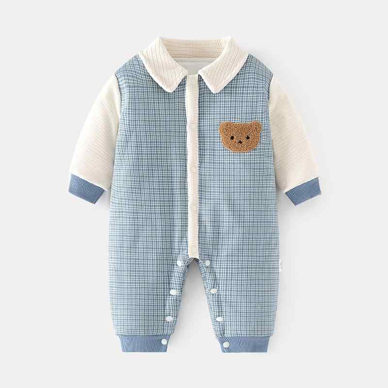 ベビー服 男女兼用 ロンパース カバーオール 厚手 中綿入り コットン100% 保温 あったか 秋冬 縫い目なし 前開き スナップボタン 長袖 襟付き くまデザイン おでかけ