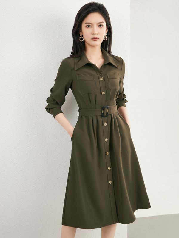ワンピース レディース 女性用 テーラードカラー シャツワンピース Aライン ミディ丈 長袖 ウエストマーク ウエスト絞り 細見え 着痩せ効果 上質 高品質 コットン混紡 ツイル素材 通勤 オフィス ビジネス きれいめ エレガント スタイリッシュ 秋 カ