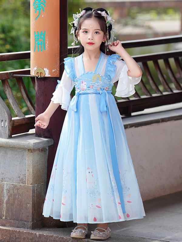 漢服 キッズ 女の子 中国風 古典風 民族衣装 プリンセス ワンピース 唐装 春夏 かわいい プリント 薄手 ポリエステル ブルー オレンジ系