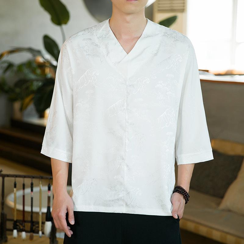 Tシャツ メンズ 春夏 チャイナ風 綿麻混紡 半袖 ビッグシルエット Vネック 虎柄 ジャカード織り 通気性 ゆったり カジュアル 白 黒 灰 トップス
