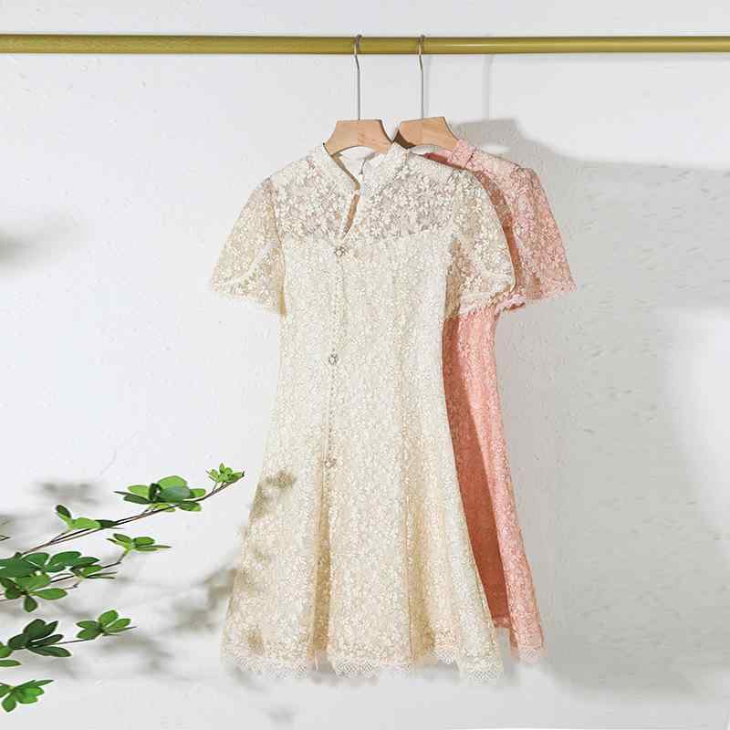 ワンピース レディース チャイナドレス風 メッシュジャガードレース ハイウエスト 半袖 フリル袖 ミディ丈 上品 エレガント ビーズ装飾 アプリコットベージュ 春夏 お呼ばれ フォーマル ドレス