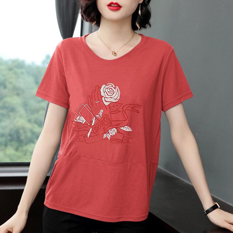 Tシャツ レディース ミセス ラウンドネック 半袖 ゆったり 体型カバー 刺繍デザイン おしゃれ 上品 きれいめ カジュアル 綿混 レーヨン混 春夏 普段使い テラコッタ