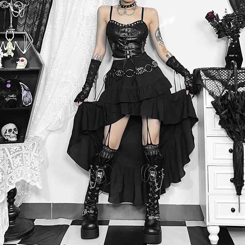 スカート レディース 春 セクシー ギャル トレーン デザイン アシンメトリー 切り替え ロング丈 ボトムス ダーク系 アメリカンレトロ モードスタイル 黒 ポリエステル 微ストレッチ フェミニン