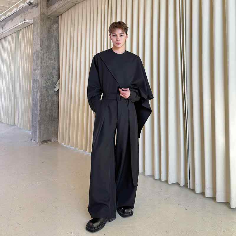 パンツ ユニセックス ハイウエスト ウエストマーク ルーズフィット ワイドパンツ ドレープ ロング丈 ダークモード ストリート ブラック 黒 ポリエステル 春秋