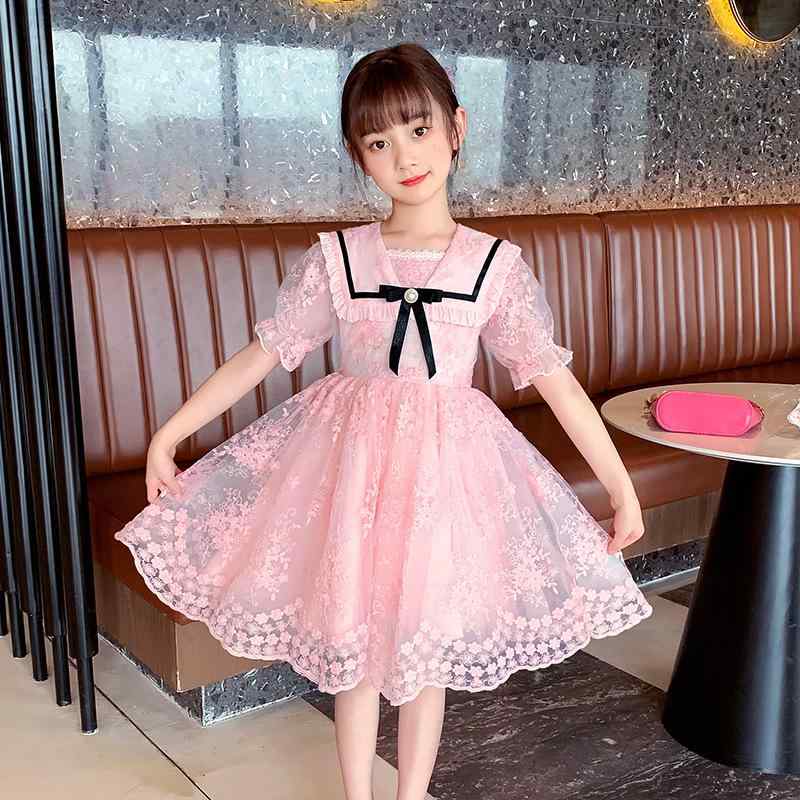 ワンピース 女の子 キッズ ガールズ 半袖 レース ふんわり プリンセスドレス 韓国風 かわいい 花柄 ピンク シャンパン 春夏 発表会 結婚式 フォーマル