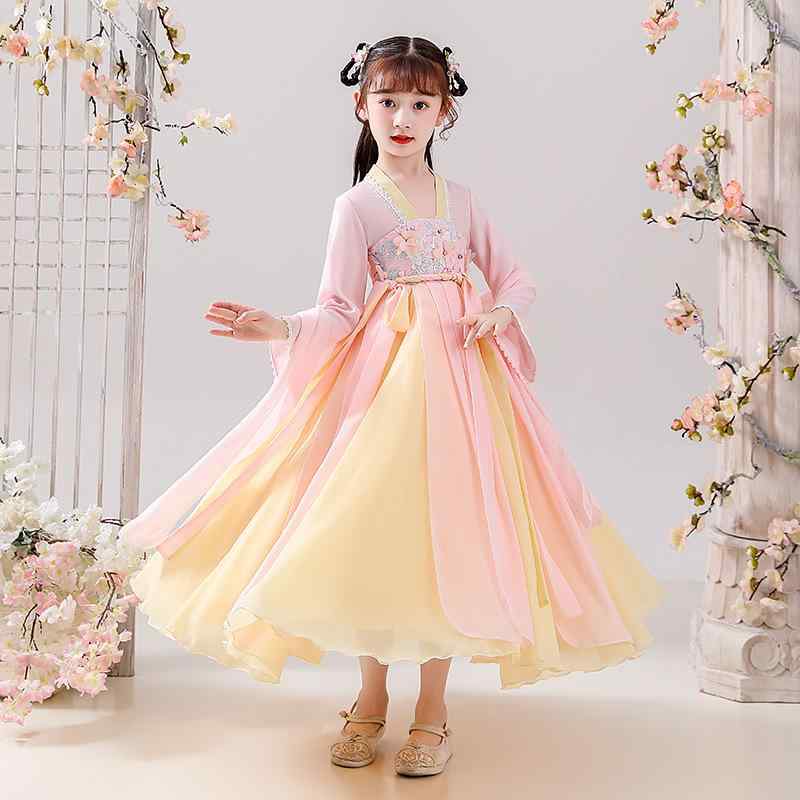 ワンピース 女の子 女児 キッズ 漢服 新中式 ネオチャイナ 唐装 民族衣装 エスニック プリンセス風 姫系 花柄 レース チュール ロング丈 柔らか素材 ポリエステル 春夏