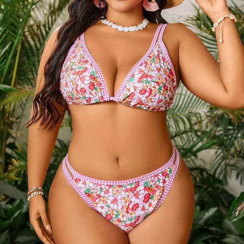 水着 レディース 大きいサイズ ぽっちゃり 欧米風 小花柄 三角カップ ビキニ ストラップ ピンク カップ付き ワイヤーなし セクシー 背中見せ 温泉 ビーチ プール リゾート 体型カバー 春夏 4,051円