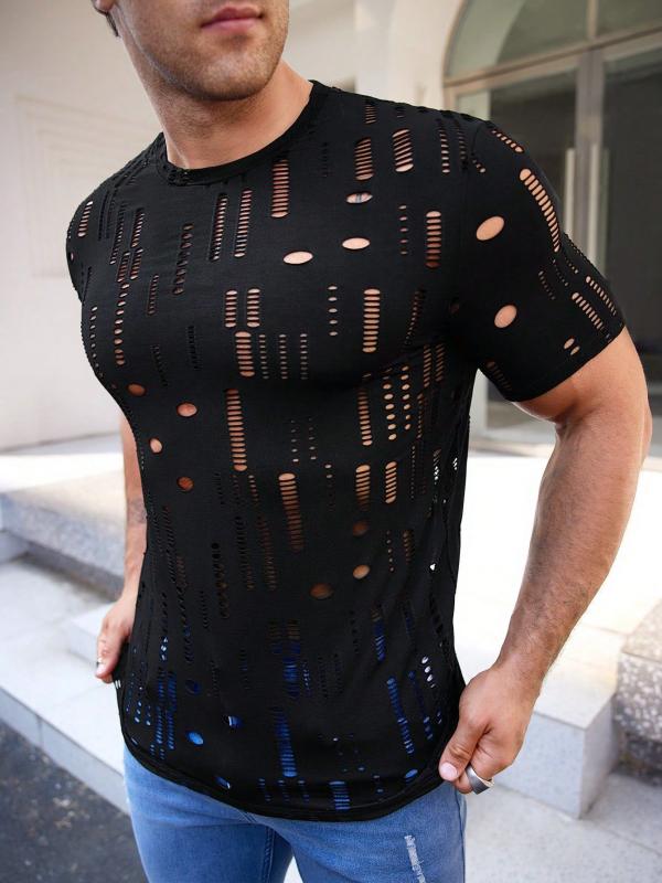 Tシャツ メンズ ダメージ加工 シースルー 半袖 透け感 カットアウト セクシー ナイトウェア クラブウェア フィットネス トレーニング トップス ニット ポリエステル 速乾 通気性 スリムフィット 春夏 男性用