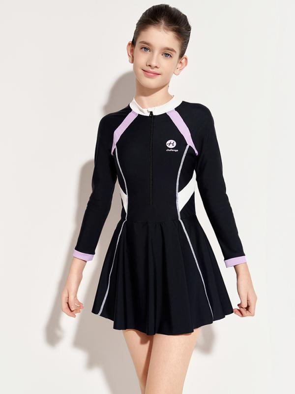 水着 女の子 キッズ ジュニア スクール水着 スクール風 学生用 大きいサイズ ゆったり 体型カバー ぽっちゃり女子 長袖 UVカット 日焼け対策 小学生 中学生 ナイロン素材 高伸縮性 ネイビー ブラック 春夏
