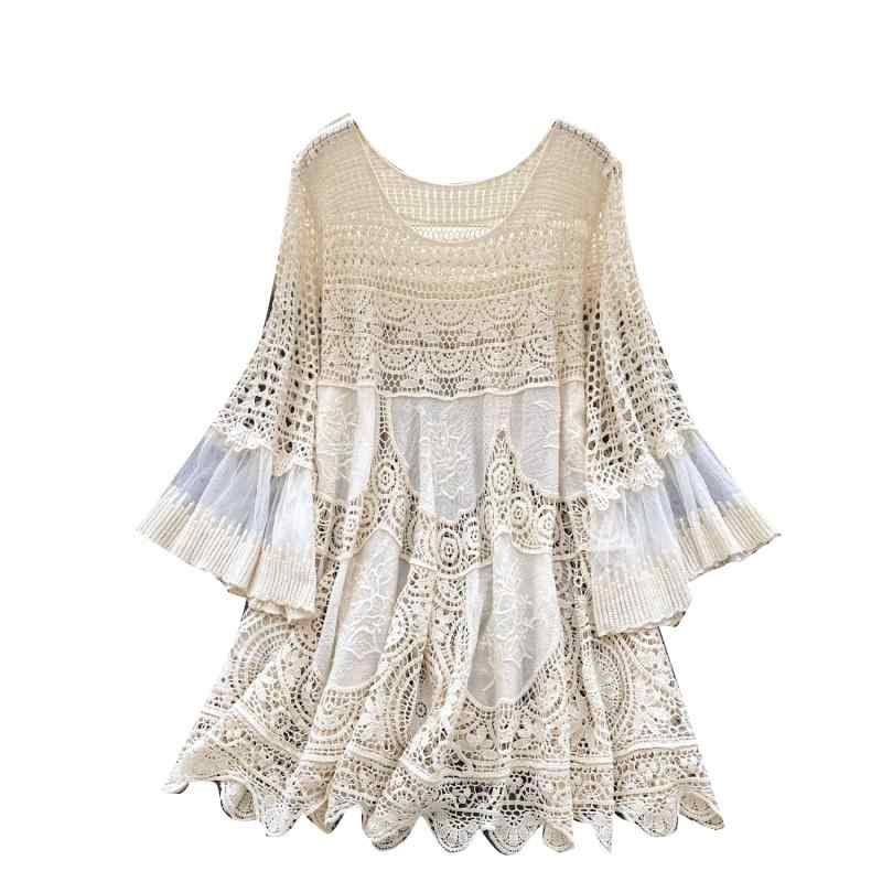 ワンピース レディース ボヘミアン レトロ ニット 春夏 ゆったり 透かし編み クロシェ編み 切り替えデザイン 上品 エレガント Aライン ハイウエスト きれいめ 通勤 ミドル丈 ベージュ