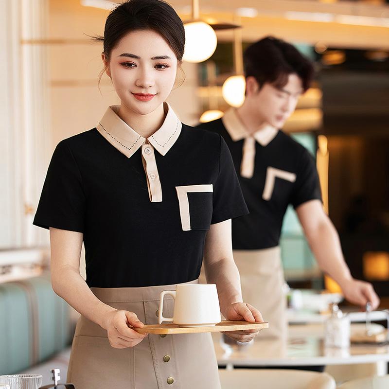 サービスユニフォーム レディース 女性用 半袖トップス レストラン ホテル 飲食店 カフェ 火鍋店 厨房 ホールスタッフ 接客 制服 夏 吸湿速乾 綿混素材