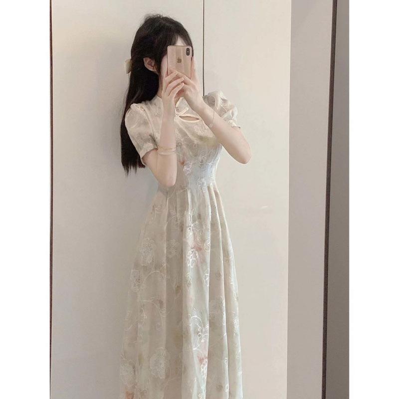 ワンピース レディース 改良チャイナドレス 小花柄 ウエストマーク シフォン ロング丈 ホルターネック フリルスリーブ 夏 普段使い 上品カジュアル
