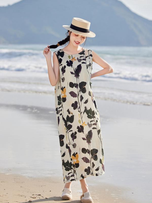ワンピース レディース 夏物 リゾート ロング マキシ丈 リネン プリント ノースリーブ ラウンドネック ゆったり Aライン ポケット付き 涼しい カジュアル 旅行 バカンス