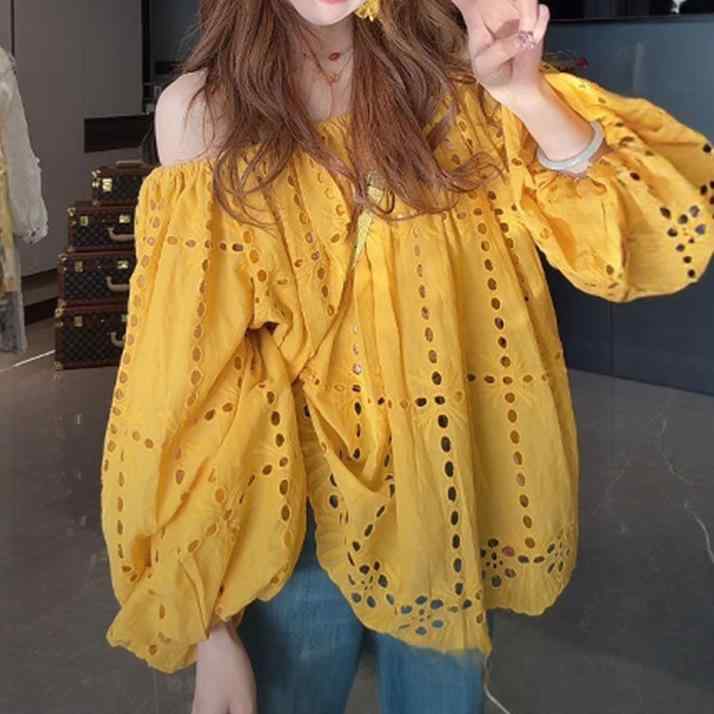 ブラウス レディース 韓国風 ファッション オフショルダー レース ランタンスリーブ ゆったり 透かし編み 春夏 イエロー ポリエステル 上品 カジュアル リゾート