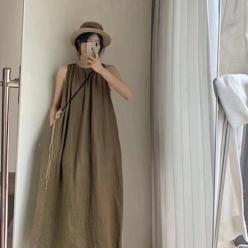 衣装 レディース 春夏 MIDI丈ロング 麻 無地 ノースリーブ A生産ライン ラウンドのど首 ゆったり 心地よい レトロ 古典的
