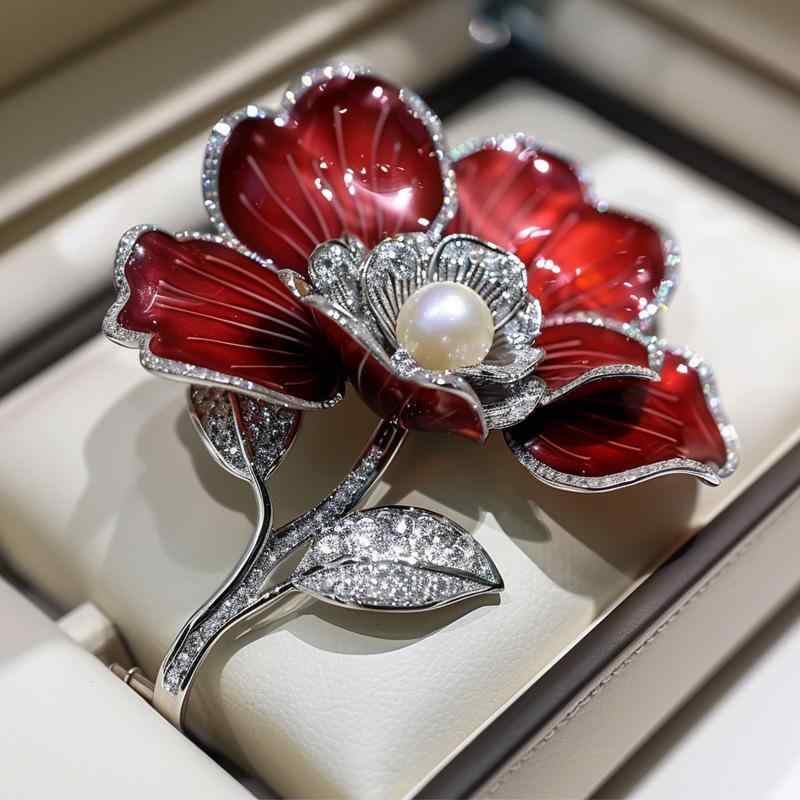 ブローチ レディース モダンチャイニーズ ケシの花デザイン レッド 七宝焼き 高級感 チャイナドレス パーティー フォーマル(x10)